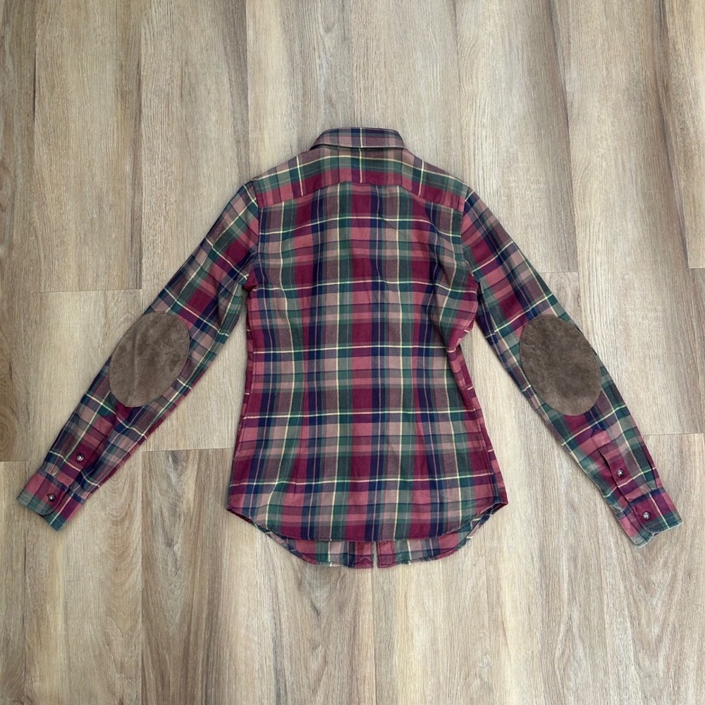 Ralph Lauren Rugby Plaid Ruffle Flannel Blouse Suede Elbow Patches 4 western - Picture 2 of 6